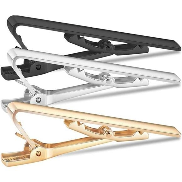 Mens Tie Clip Set Gold Silver Black Necktie Bar Pinch Clips Formal Accessories - Picture 2 of 8